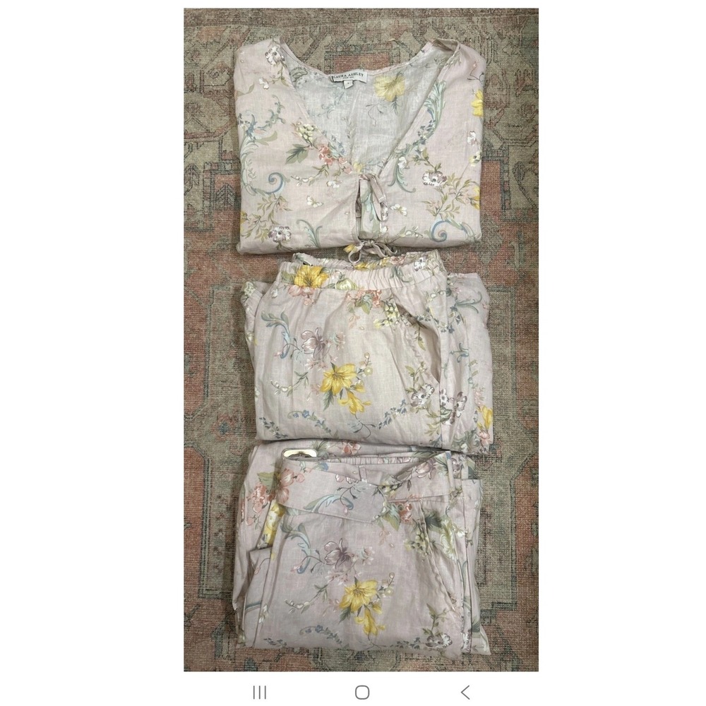 Laura Ashley 3 Piece Floral Set Linen Blend Crop Top Wide Leg Pants Skirt Pink
